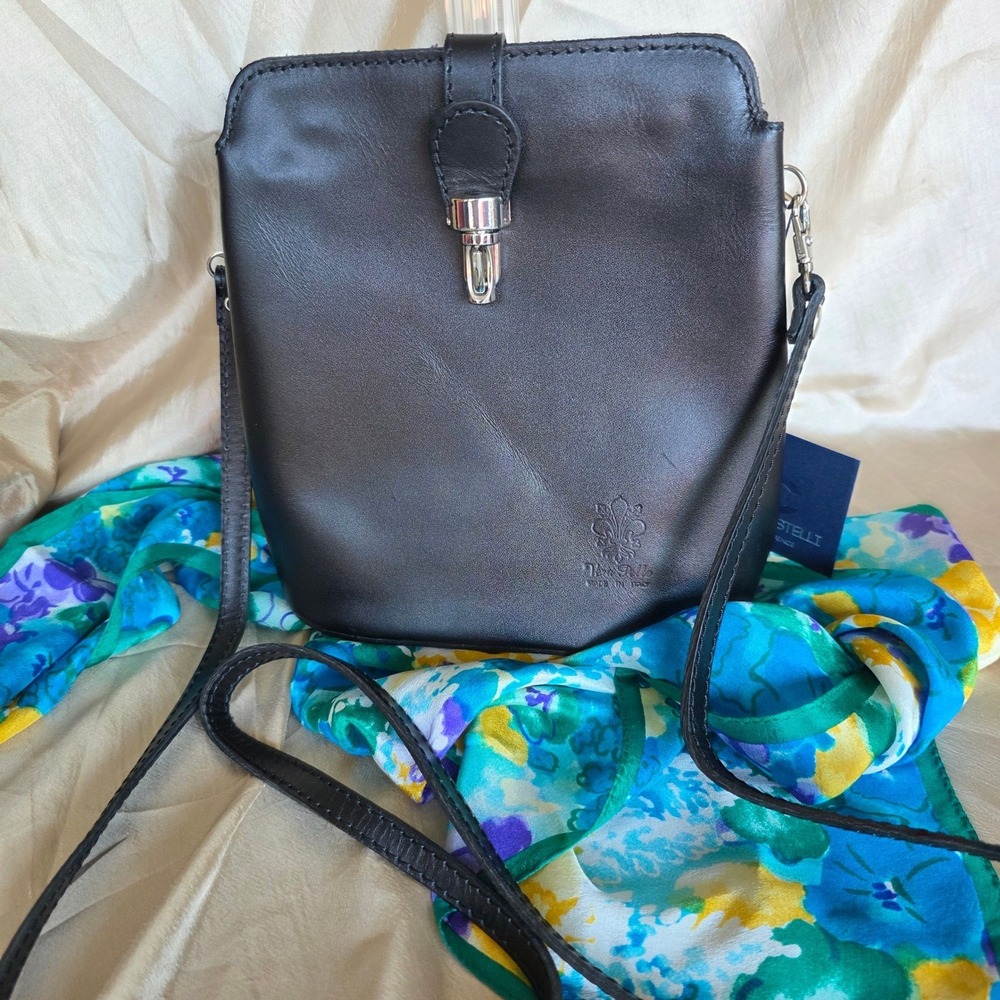 Massimo Castelli Black Leather Crossbody Bag Made in Italy Florence‎ NWT